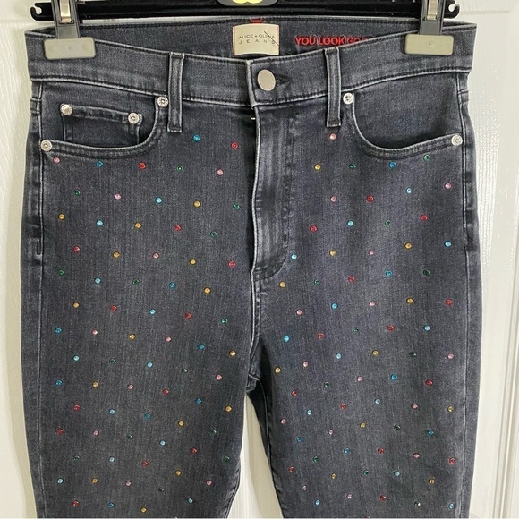 Alice + Olivia Skinny Leg Black Jeans Multicolor Crystals Print Mid-Rise size 28 - Picture 4 of 16